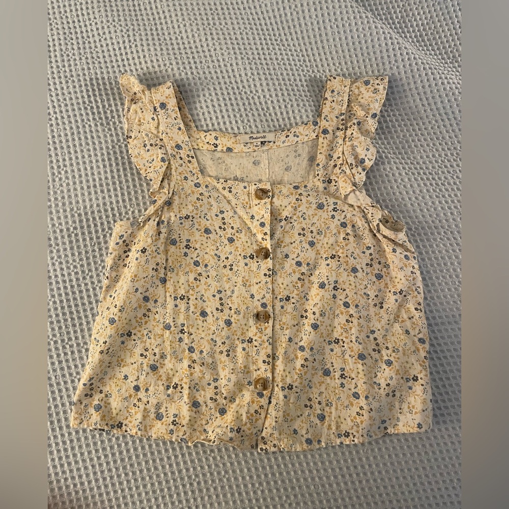 Madewell Floral Ruffle Blouse - Yellow, Cream, and Blue